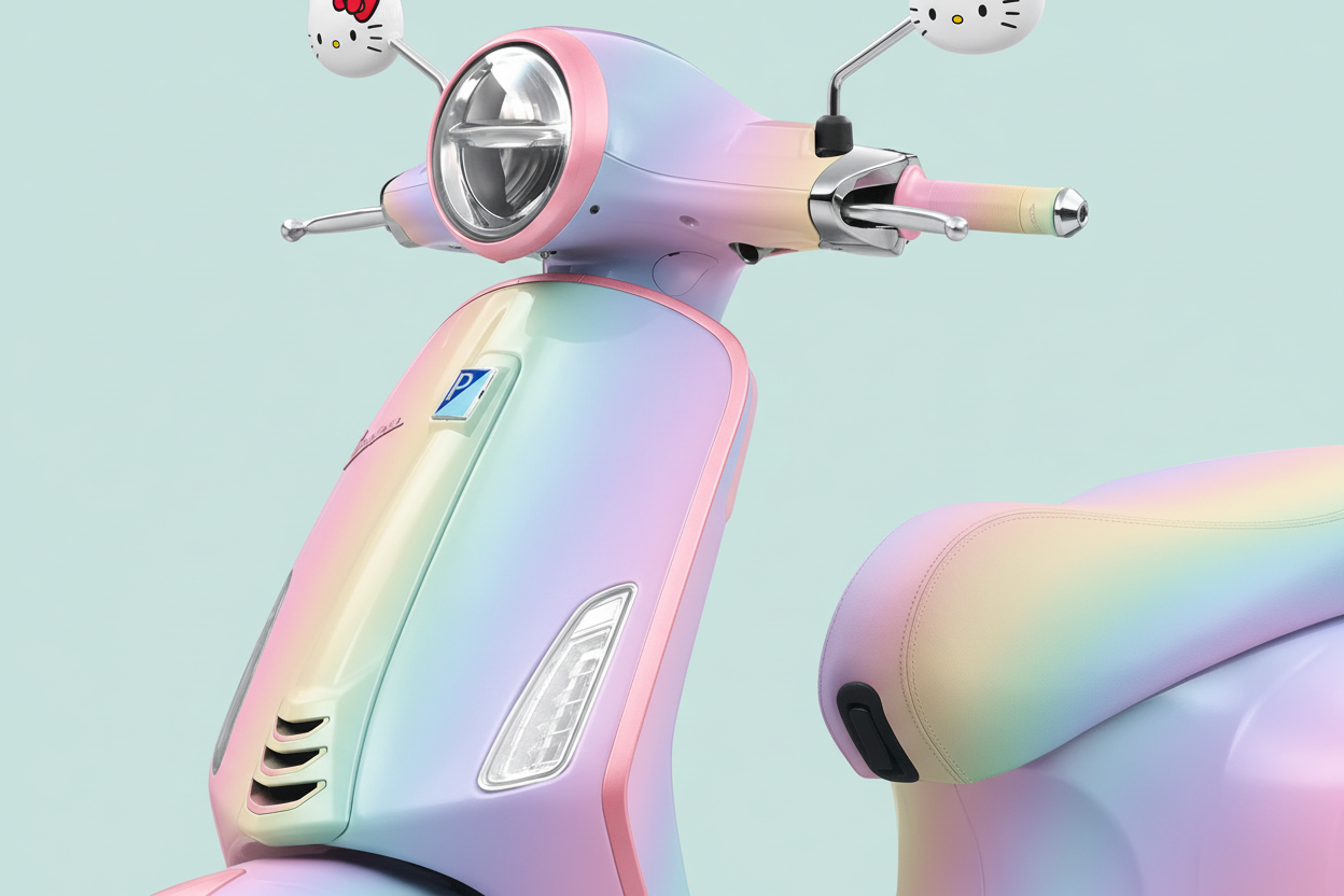 Góc trước - Xe Vespa 7 màu pastel với Hello Kitty